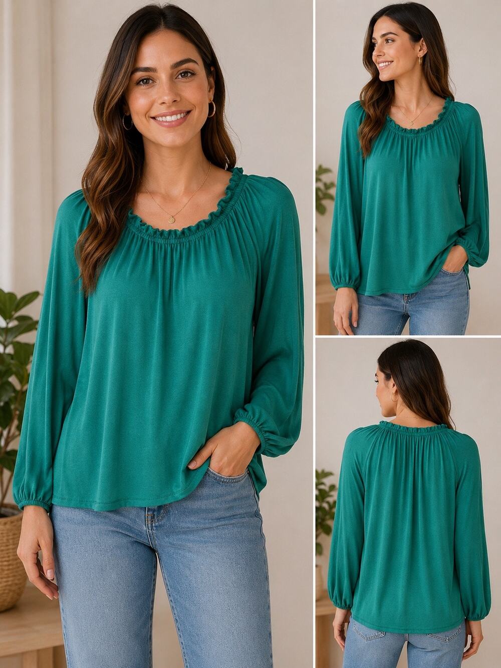 Violets & Roses Evergreen Green Ruffle Neck Peasant Top Petite Small NWT